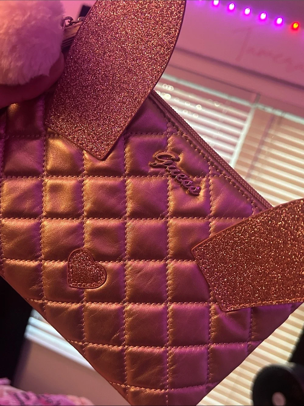 GUESS Quilted Metallic Bunny Ear Wristlet - Pink